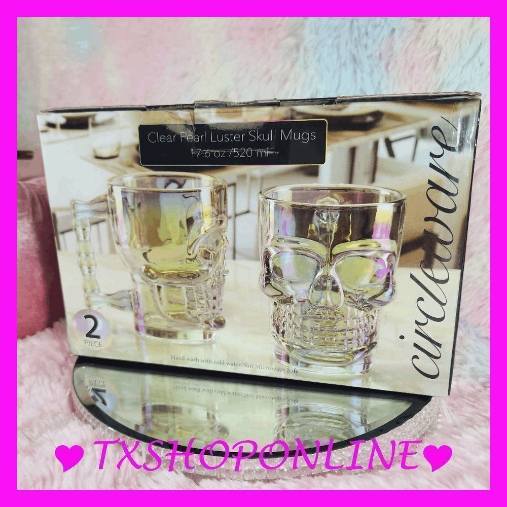 2 pc clear pearl luster skull mugs NEW